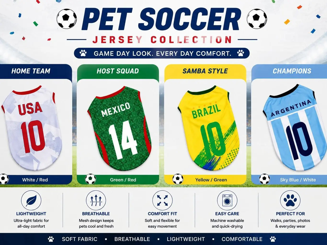 Pet Soccer Jersey Outfit - Cute Game Day Pet Shirt for Small, Medium Dogs & Cats Clothes Fashionable Clothing